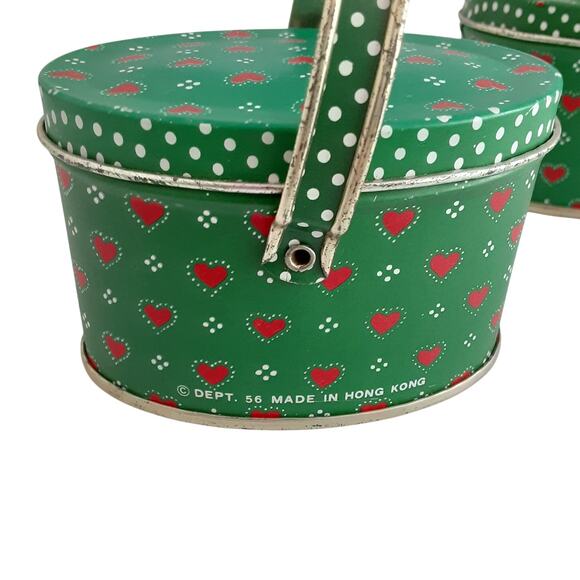 Vintage Dept 56 Christmas Mini Tin Containers Handled Green Set of 2 Holiday - Picture 4 of 8